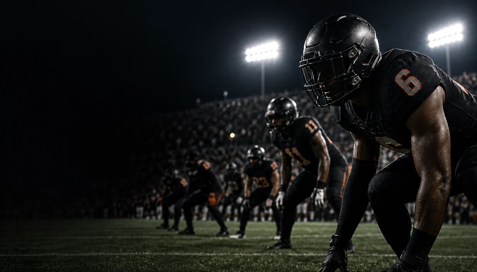 Football players lined up under stadium lights